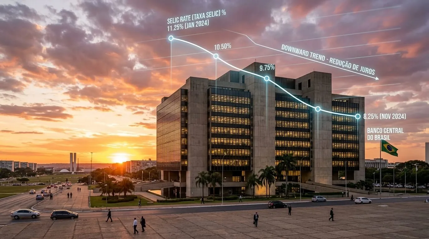 Edifício sede do Banco Central do Brasil em Brasília ao pôr do sol, com gráficos financeiros transparentes sobrepostos simbolizando a queda da taxa de juros Selic.