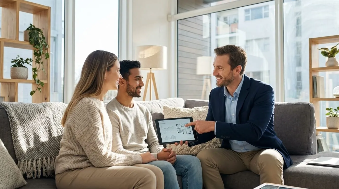 Corretor de imóveis sorridente conversando com um casal em uma sala de estar iluminada, enquanto segura um tablet mostrando gráficos modernos, simbolizando a união entre tecnologia e atendimento humanizado.